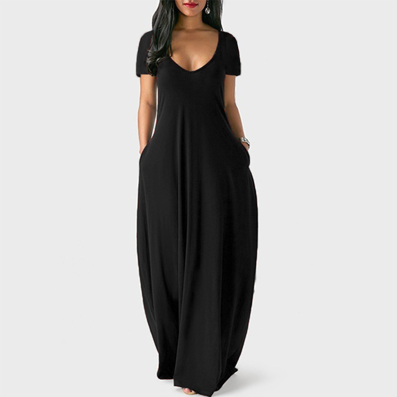 2024 AliExpress Europe and America Cross border Plus Size Women's Summer New Solid Color Sexy Deep V Short sleeved Long Skirt