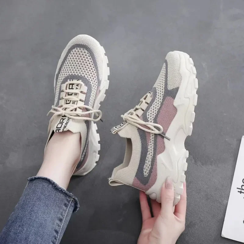 2024 New Fly Woven Mesh Casual Breathable Sneakers Korean Style Thick-Soled Daddy Shoes Mesh Red Shoes Light Running Shoes