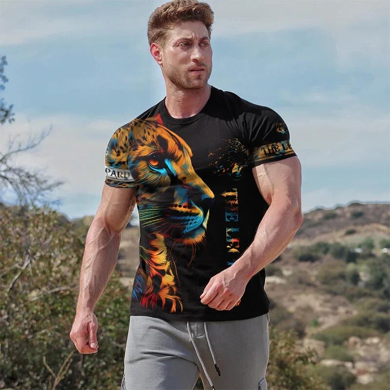 Summer Men's Vintage T Shirt for Leopard Graphics 3D Print Top Fitness Sport Short Sleeve Casual Oversized Breathable Streetwear
