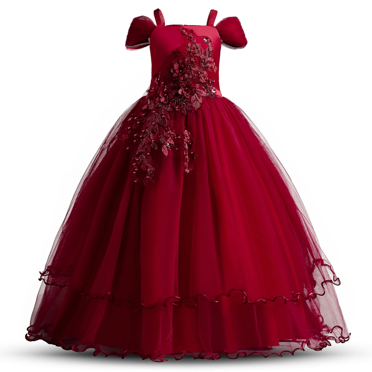 Elegant Teen Girls Birthday Party Gown Princess Lace Appliques Bridesmaid Flower Dress for Wedding Kids Formal Prom Long Gown