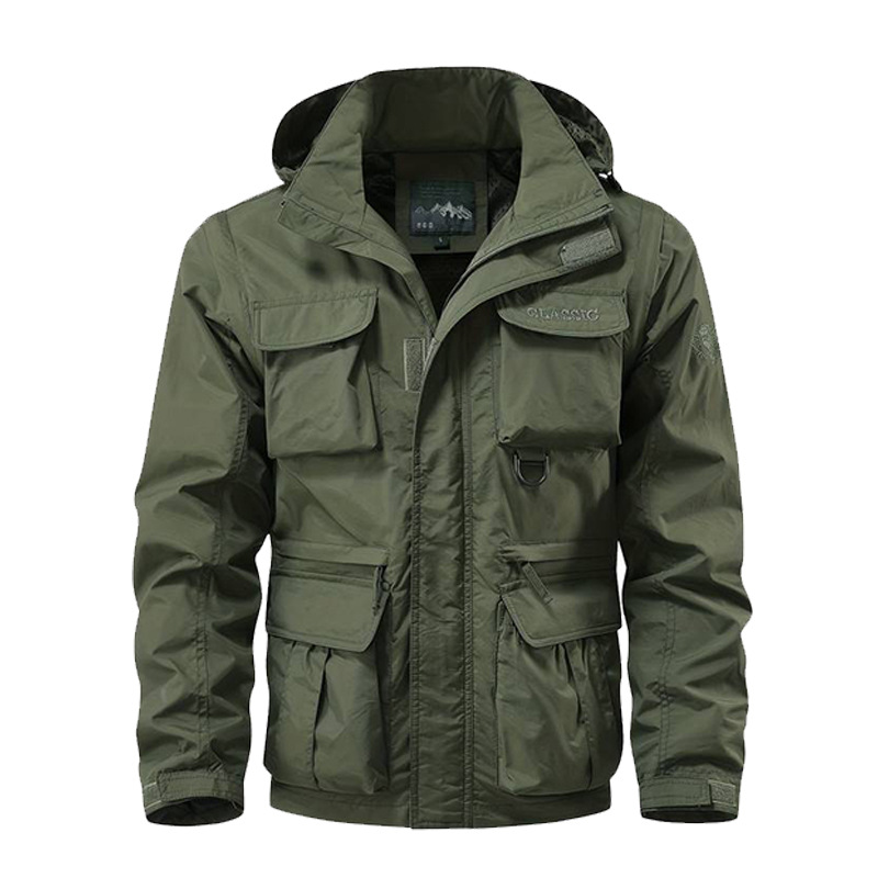 Detachable windproof hooded jacket, men's casual waterproof multi bag cargo jacket vest suitable for outdoor activities
