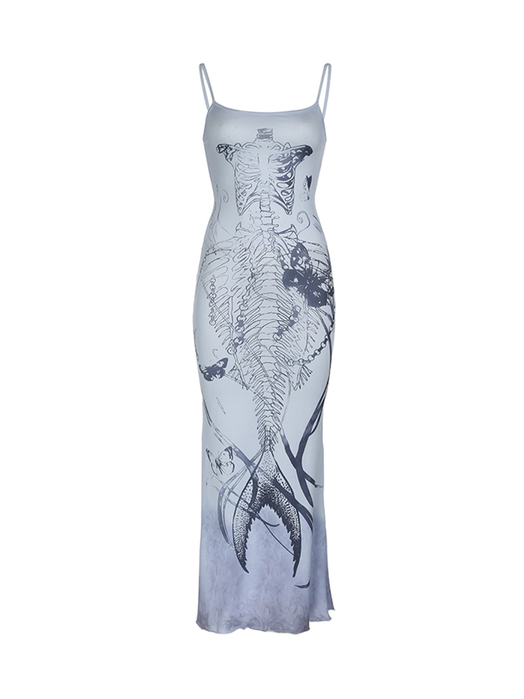 Sweetown Print Goth Y2K Spaghetti Straps Dress Women Aesthetic Mermaid Summer Dresses
