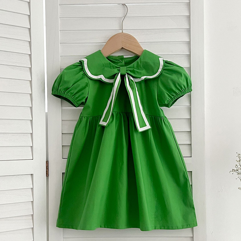 Fashion Girls Clothing Summer Toddler Girl Dress Green Bow Doll Collar Dress Cotton Puff Sleeve Children Dress Kids Dress