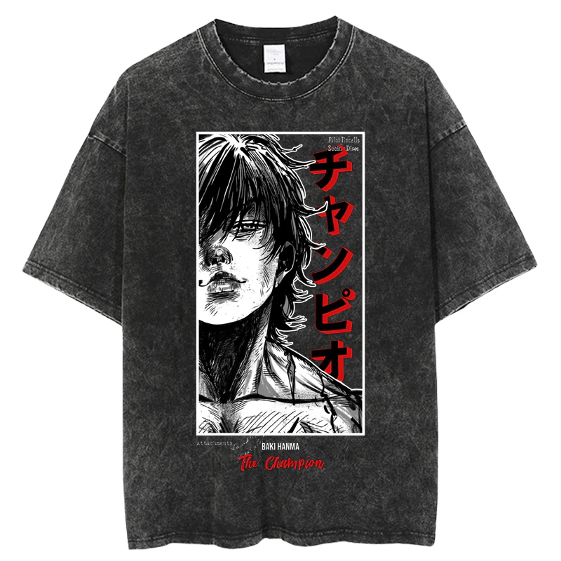 Summer Cotton Loose Washed Tops Tees Anime Print T-Shirt Mens Streetwear Vintage Black T-Shirt Harajuku Oversized T-Shirt