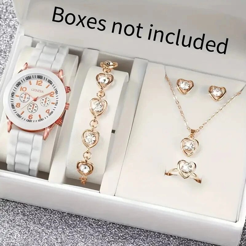 6pcs/set Women's Watch Casual Round Pointer Quartz Watch Analog Silicone Wrist Watch & Heart Jewelry Set, Gift For Her