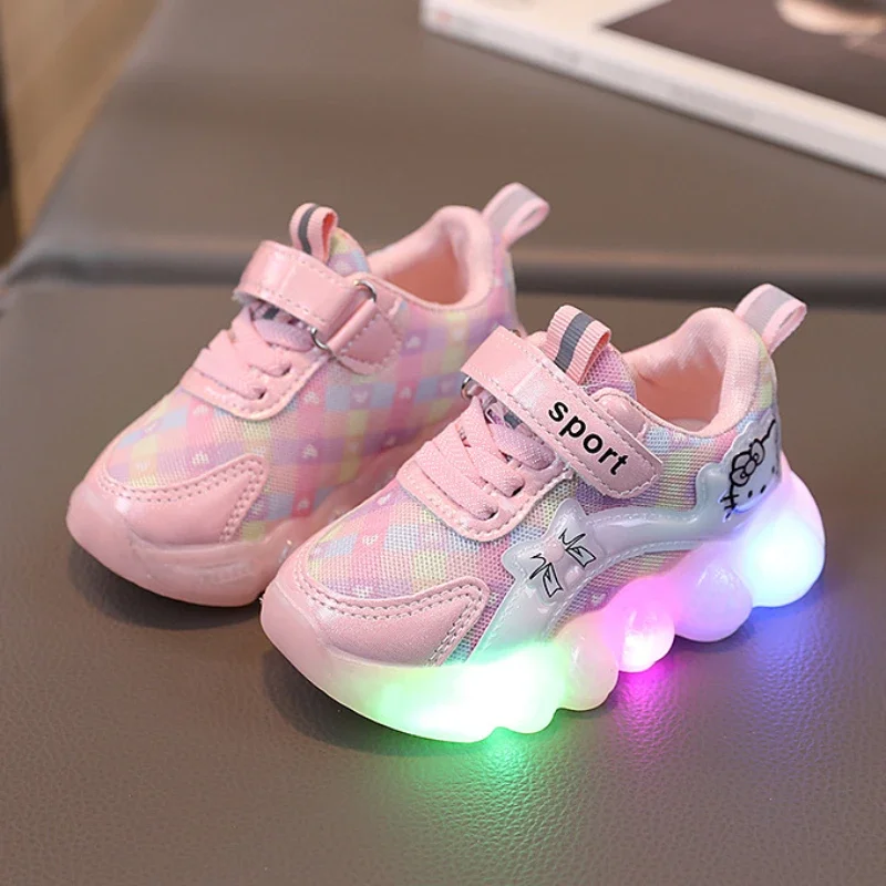 Cute Hello Kitty Casual Shoes for Baby Girl Children Led Light Sneakers Kids Shoes Toddler Walking Shoes Kids Anti-slip Shoes
