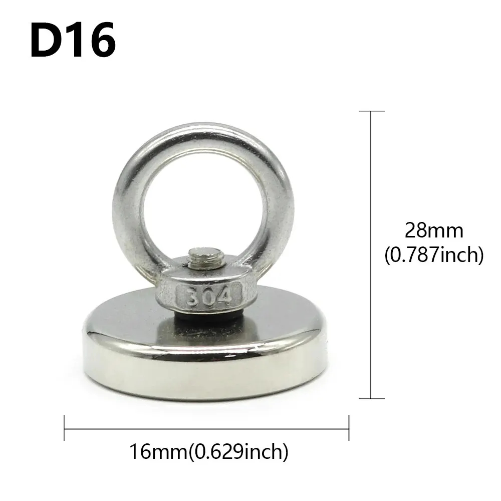 D16~D42mm Super Strong Neodymium Fishing Magnet N52 Heavy Duty Rare Earth Magnet with Countersunk Hole Eyebolt Salvage Magnetic