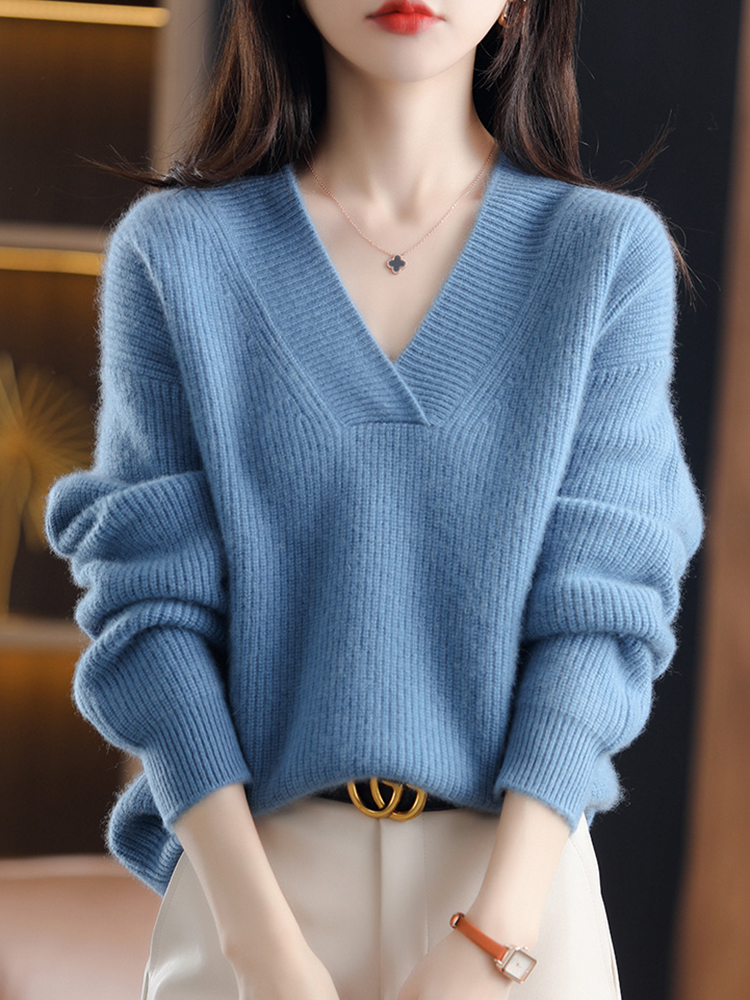 Women's Solid Loose Knit Sweater Base V-neck Pullover Autumn Winter Jumpers Knitwear Soft Warm Chic Femme Sweater Casual Tops